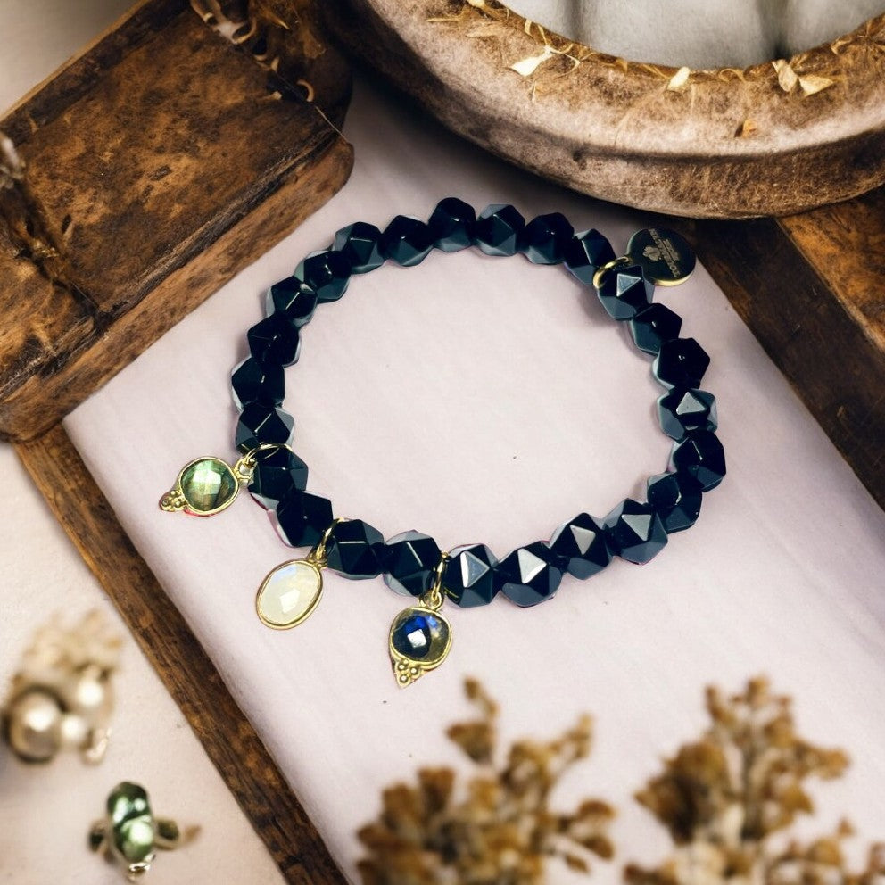 Bracelet "DIAMOND" - Agate Labradorite et Pierre de lune dorées or fin
