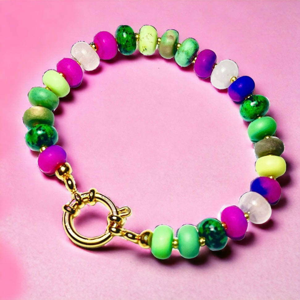 Bracelet "PURPLE GREEN" en pierres de Sugilite, Quartz rose, Jaspe, Agate naturelles doré or fin