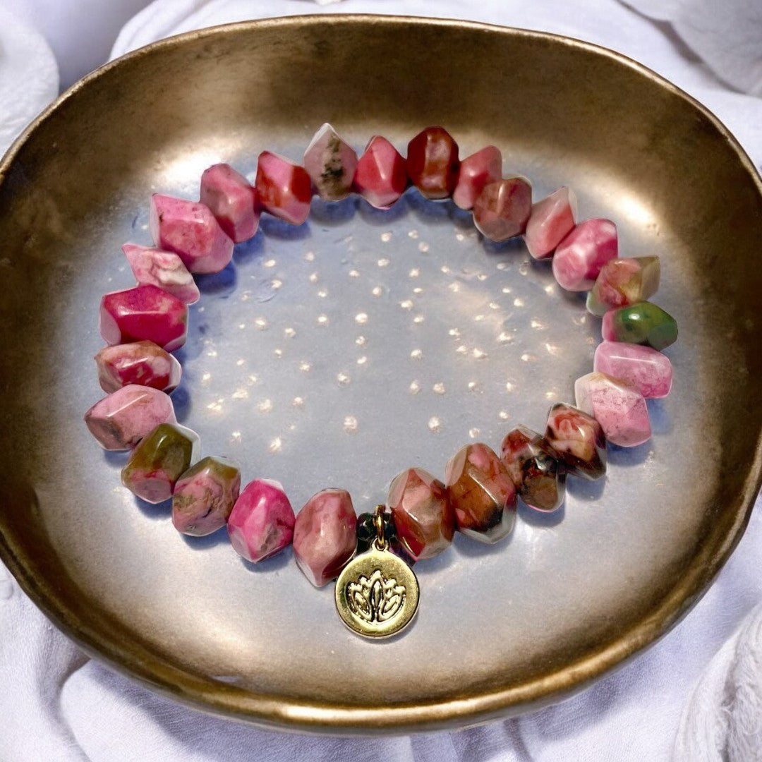 Bracelet "MINORQUE" doré or fin et pierres naturelles de Rhodonite