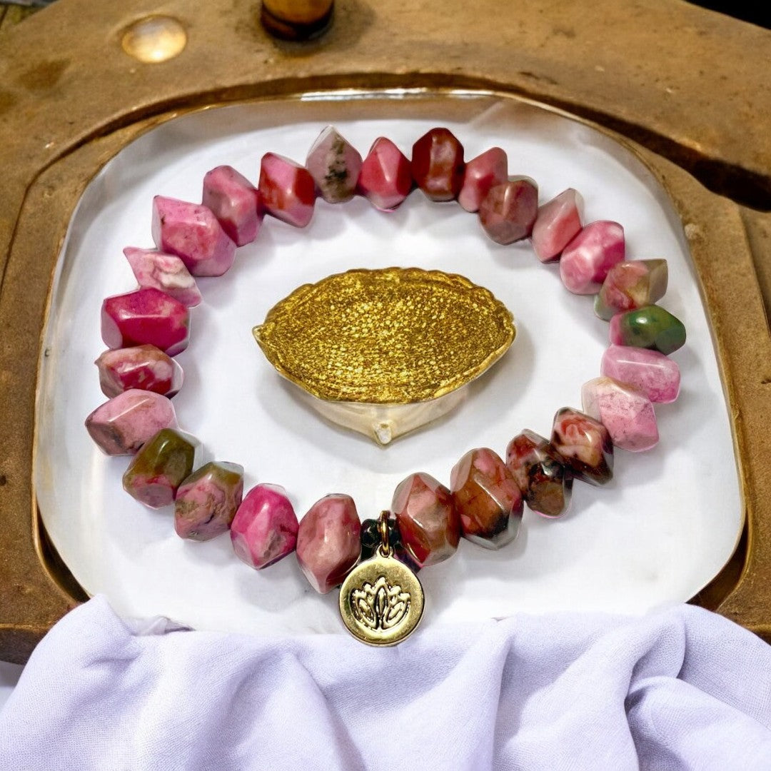 Bracelet "MINORQUE" doré or fin et pierres naturelles de Rhodonite
