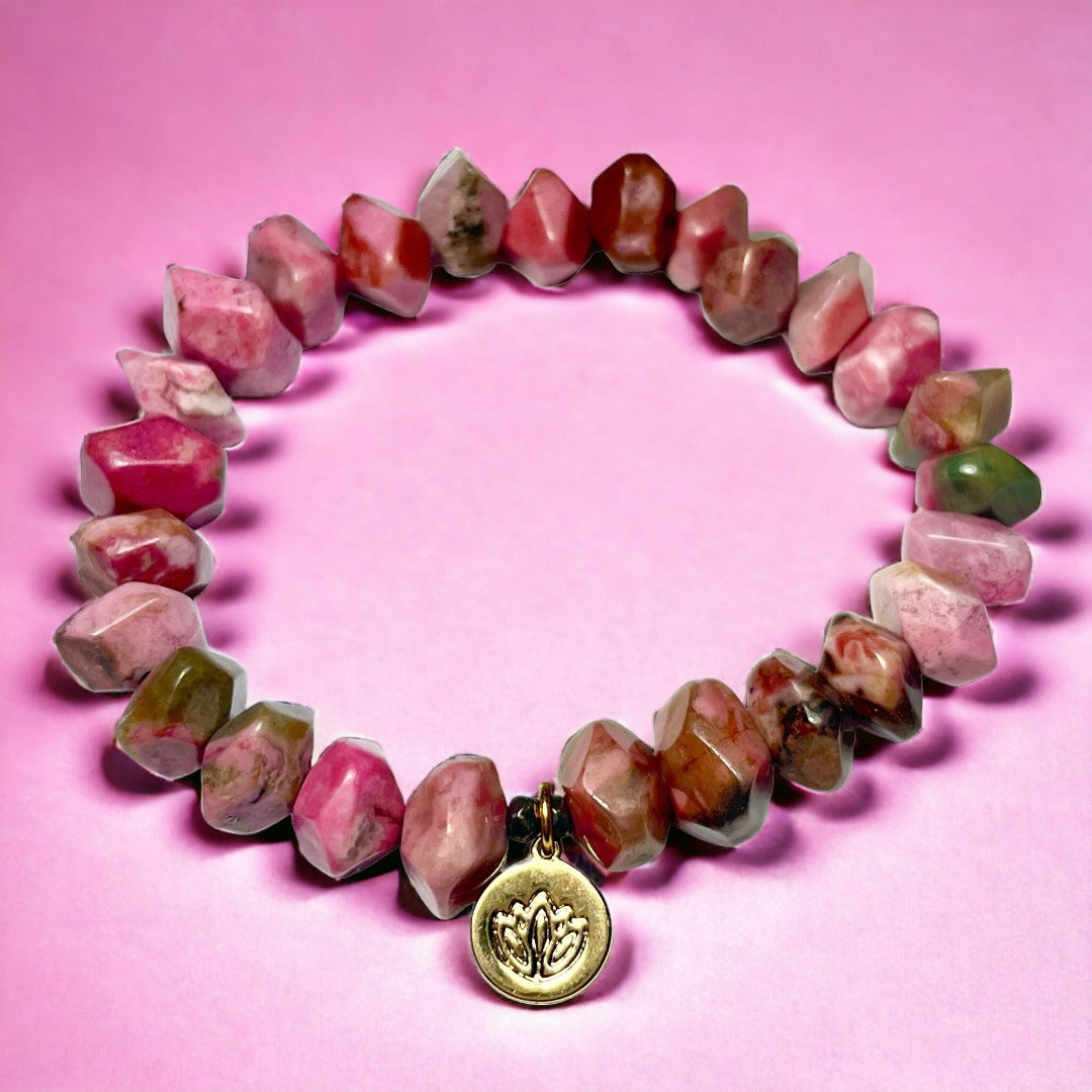 Bracelet "MINORQUE" doré or fin et pierres naturelles de Rhodonite