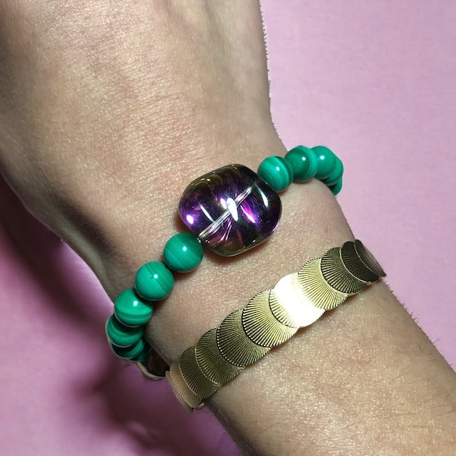 bracelet pierre naturelle malachite verre boheme femme tourmalyn bijoux - porté avec bracelet inxoydable