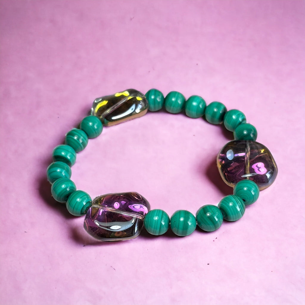 bracelet pierre naturelle malachite verre boheme femme tourmalyn bijoux - sur fond rose