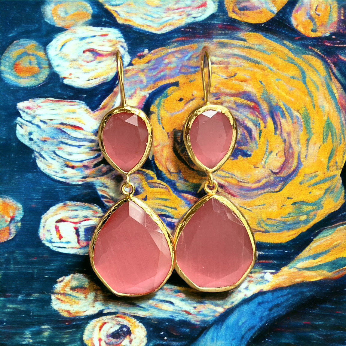 Boucles d'oreilles  "LIORA" dorées or fin pierre d’ Agate rose