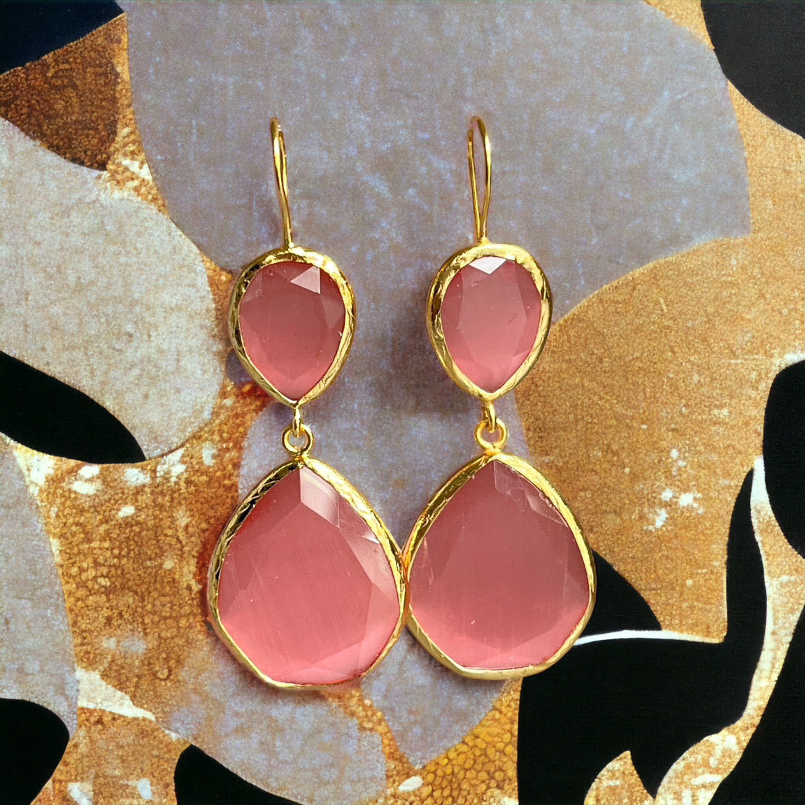 Boucles d'oreilles  "LIORA" dorées or fin pierre d’ Agate rose