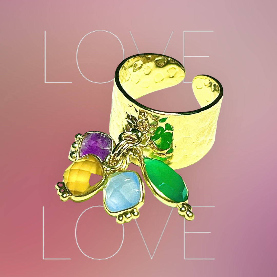 Bague "MARGOT" dorée or fin avec pierres d' Améthyste Calcédoine verte jaune et bleue