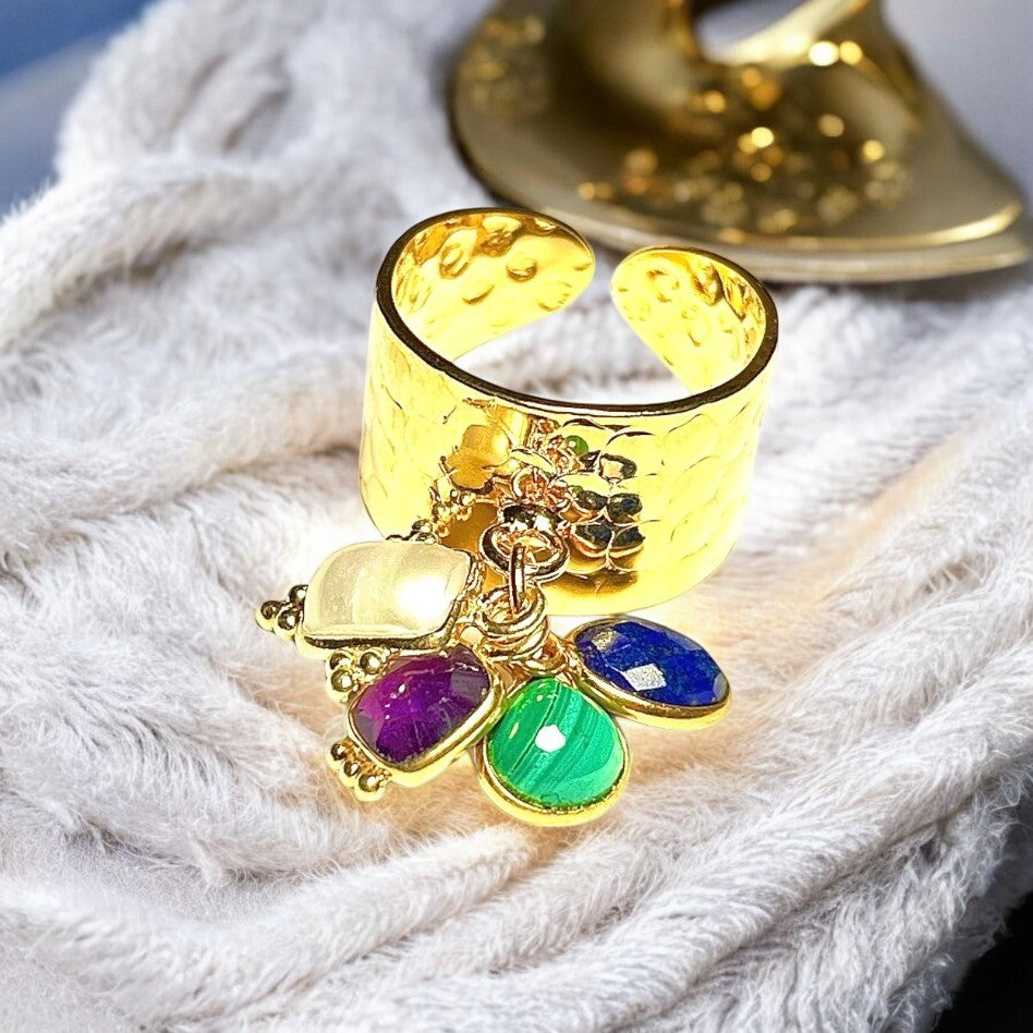 Bague "LOUISE" dorée or fin avec pierres d' Améthyste Lapis lazuli Malachite et Nacre blanche