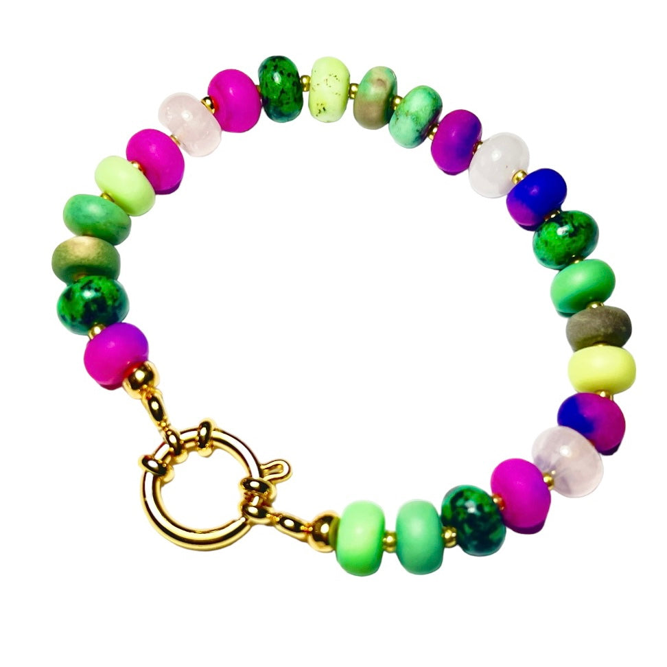 Bracelet "PURPLE GREEN" en pierres de Sugilite, Quartz rose, Jaspe, Agate naturelles doré or fin