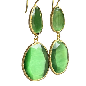 Boucles d'oreilles  "FIORA" dorées or fin pierre d’ Agate verte