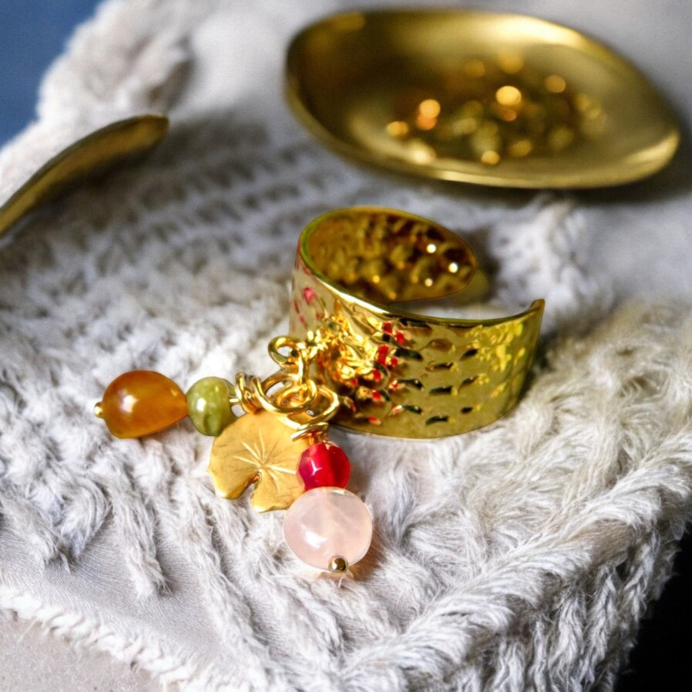 Bague "AMELIE" dorée or fin en pierre d' Oeil de Tigre Quartz Rose et Agates