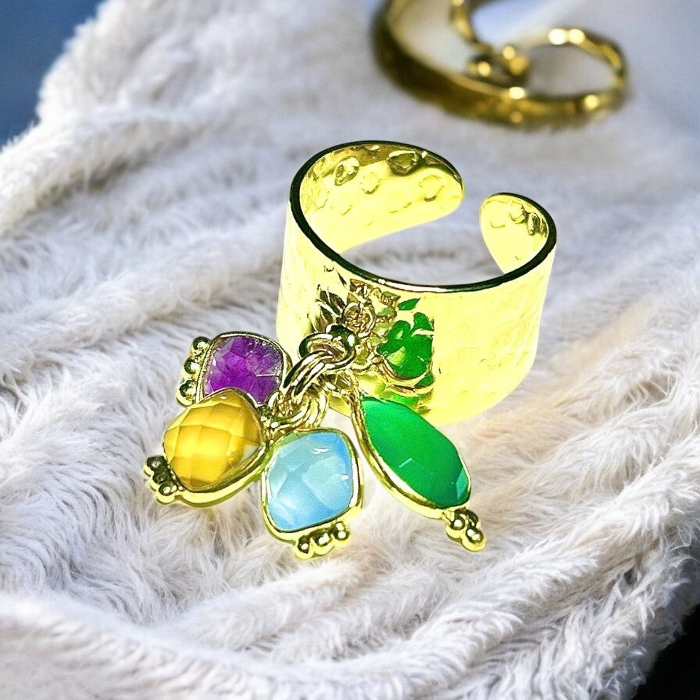 Bague "MARGOT" dorée or fin avec pierres d' Améthyste Calcédoine verte jaune et bleue