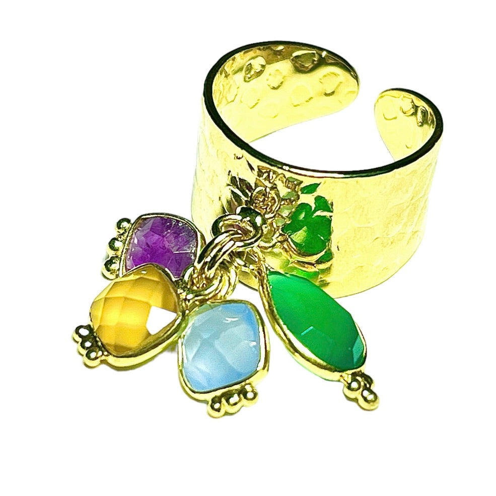 Bague "MARGOT" dorée or fin avec pierres d' Améthyste Calcédoine verte jaune et bleue