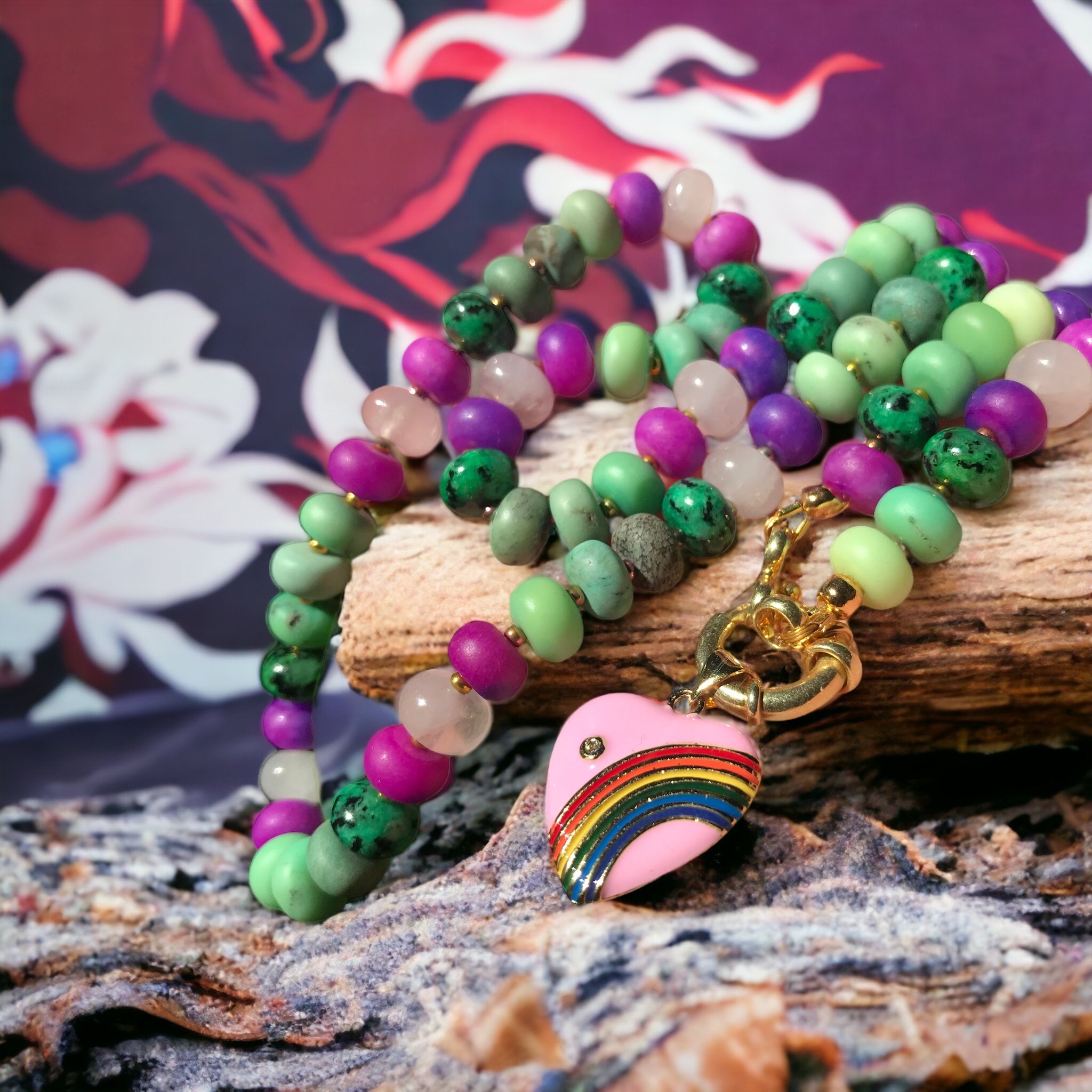 Collier "PURPLE GREEN" - Sugilite - Jaspe- Quartz rose - Agate - doré or fin