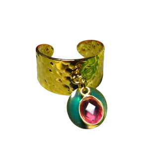 Bague "SOLENE" dorée or fin en pierre de tourmaline rose et sequin émaillé