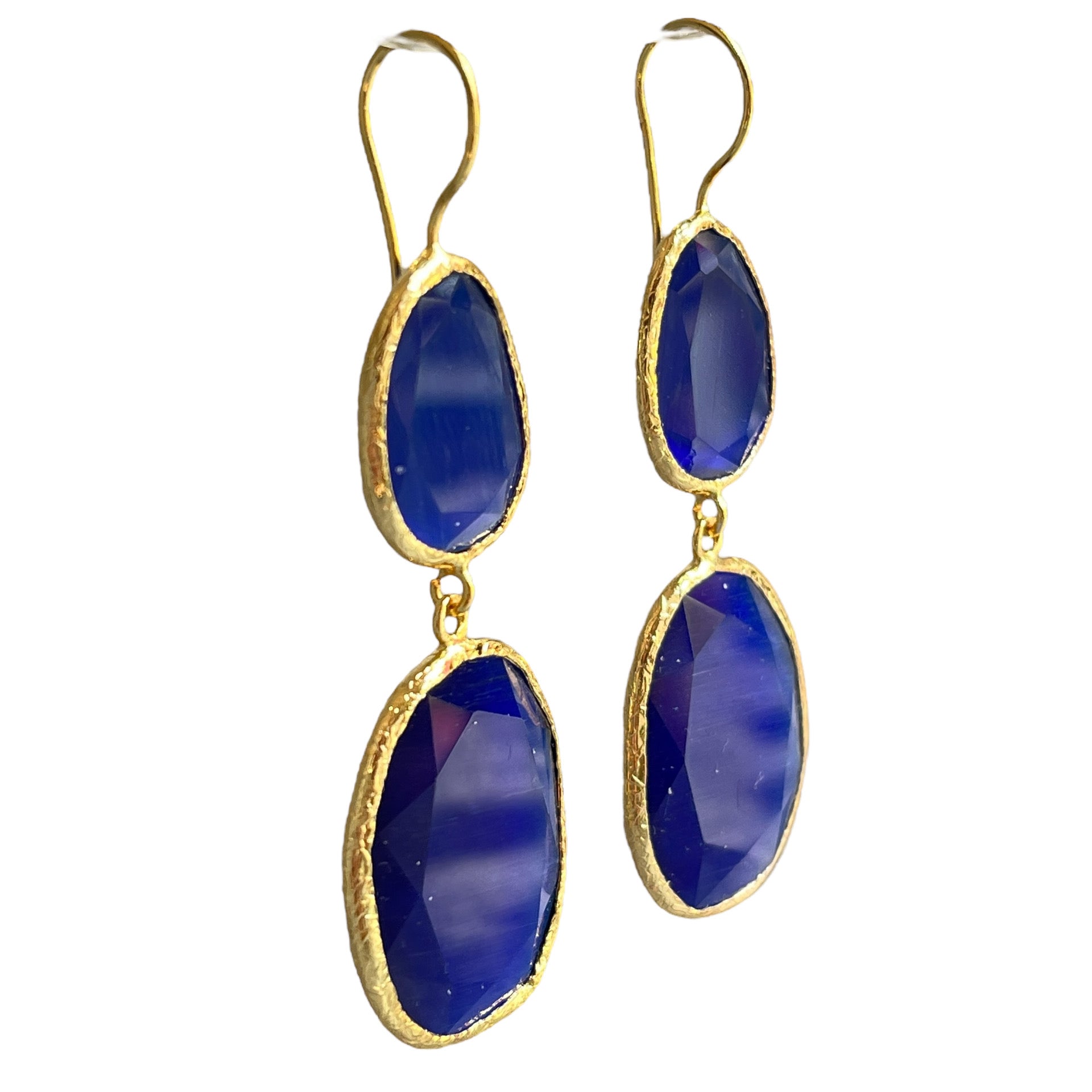 Boucles d'oreilles  "ARABELLA" dorées or fin pierre de Agate bleue