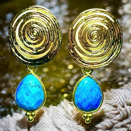 Boucles d’oreilles "INDIANA" dorées or fin pierre de Turquoise