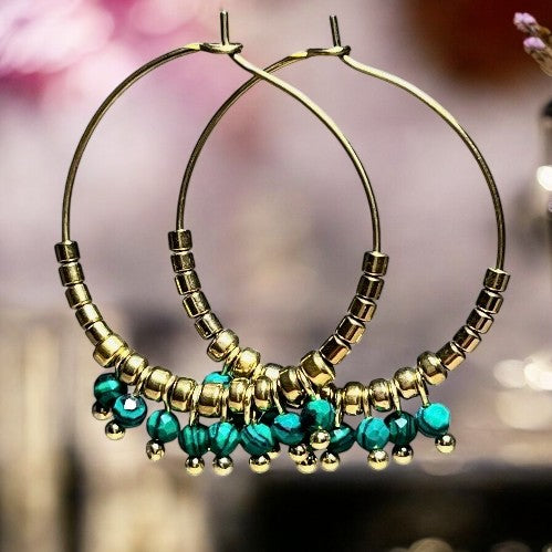 Boucles d'oreilles "SERENITY" créoles pierre de malachite