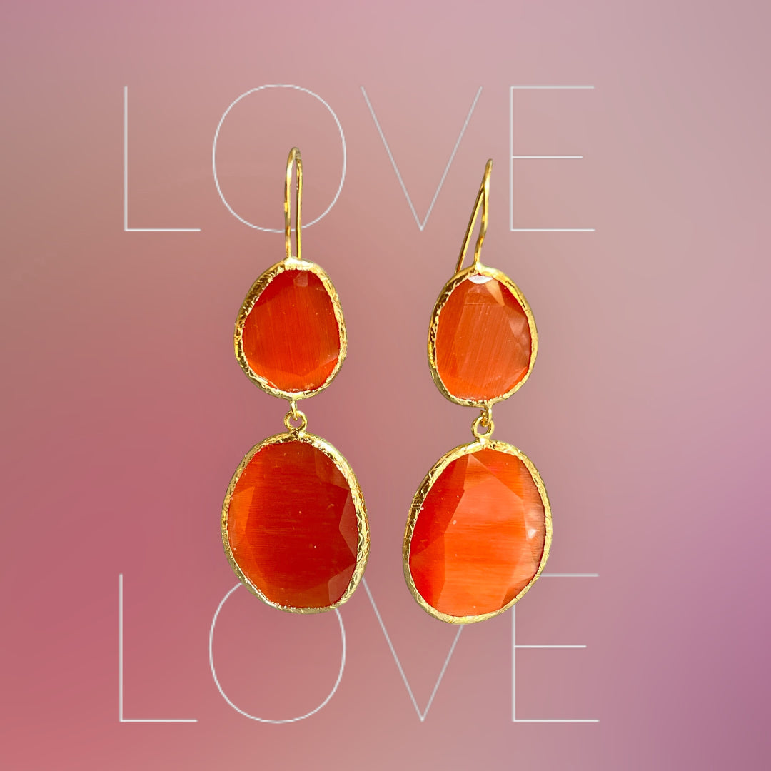 Boucles d'oreilles  "ELARA" dorées or fin pierre de Agate orange