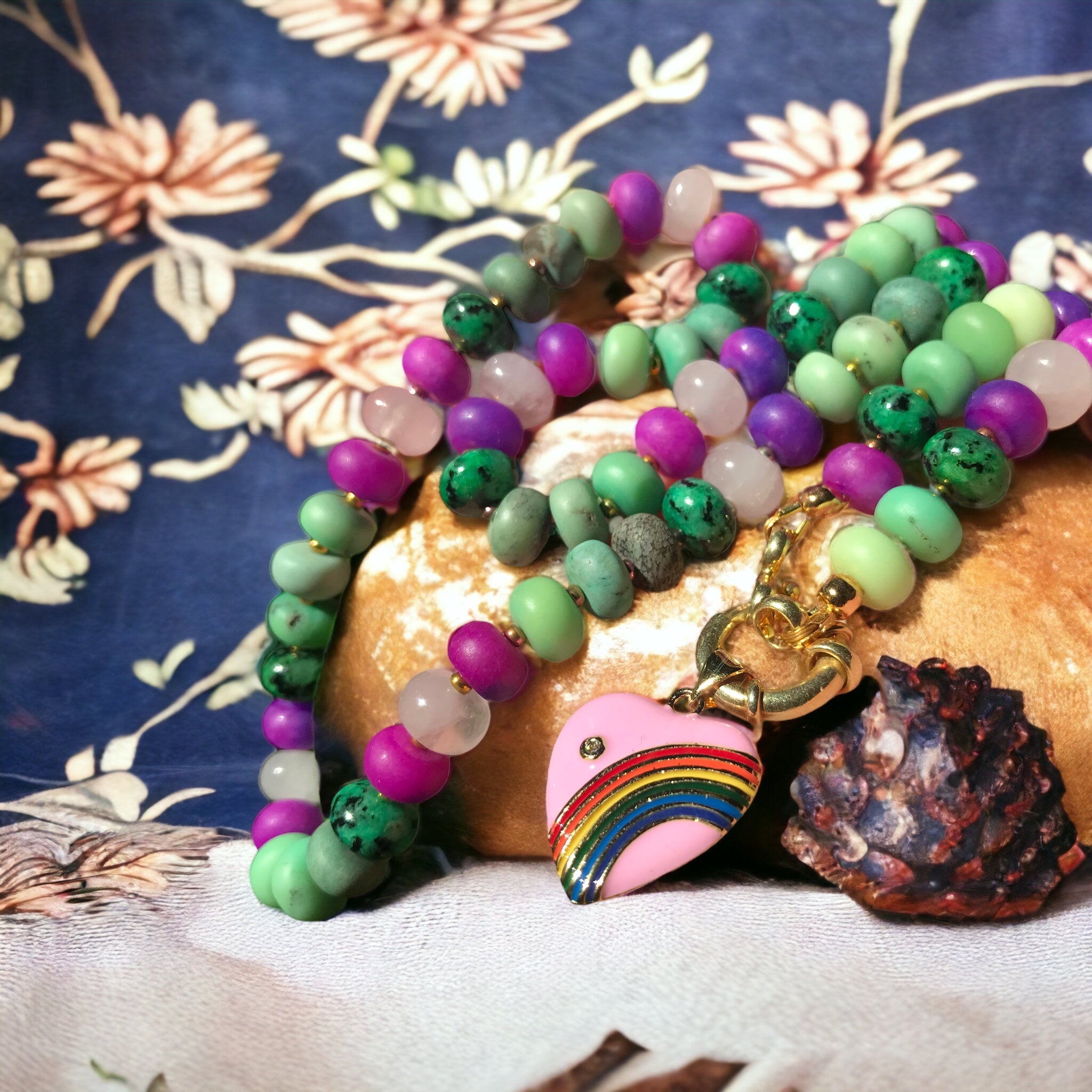 Collier "PURPLE GREEN" - Sugilite - Jaspe- Quartz rose - Agate - doré or fin