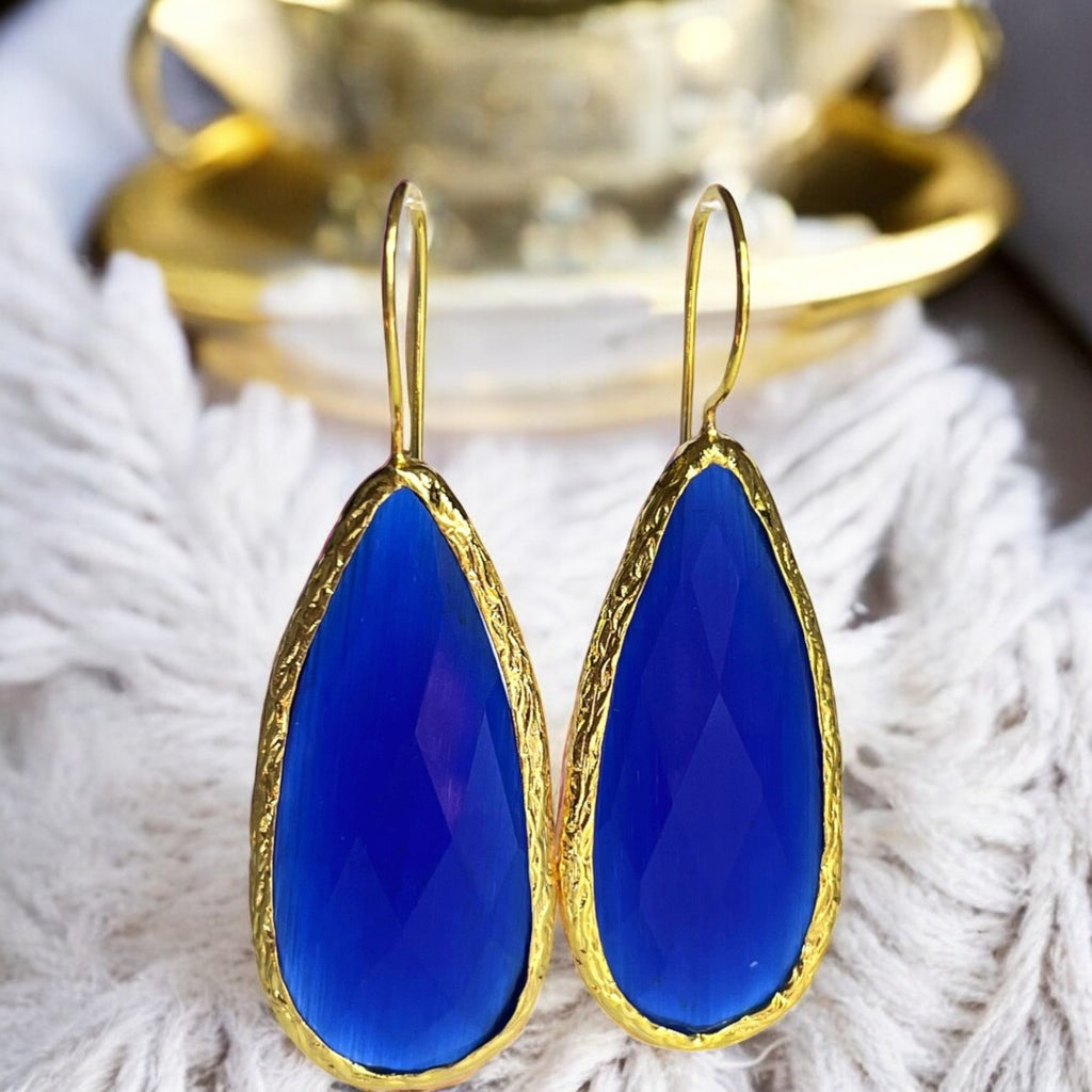 Boucles d’oreilles "ATLANTA" pierre naturelle Agate bleue dorées or fin - longues