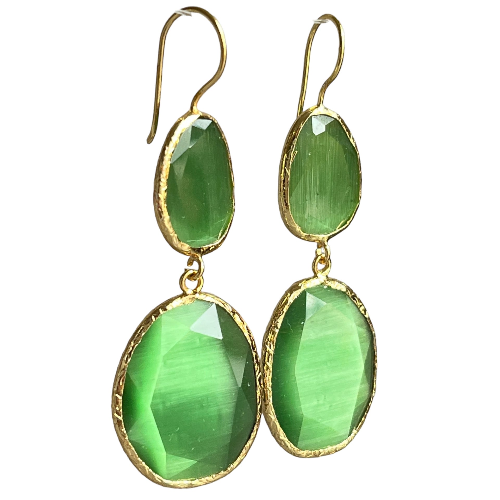 Boucles d'oreilles  "FIORA" dorées or fin pierre d’ Agate verte