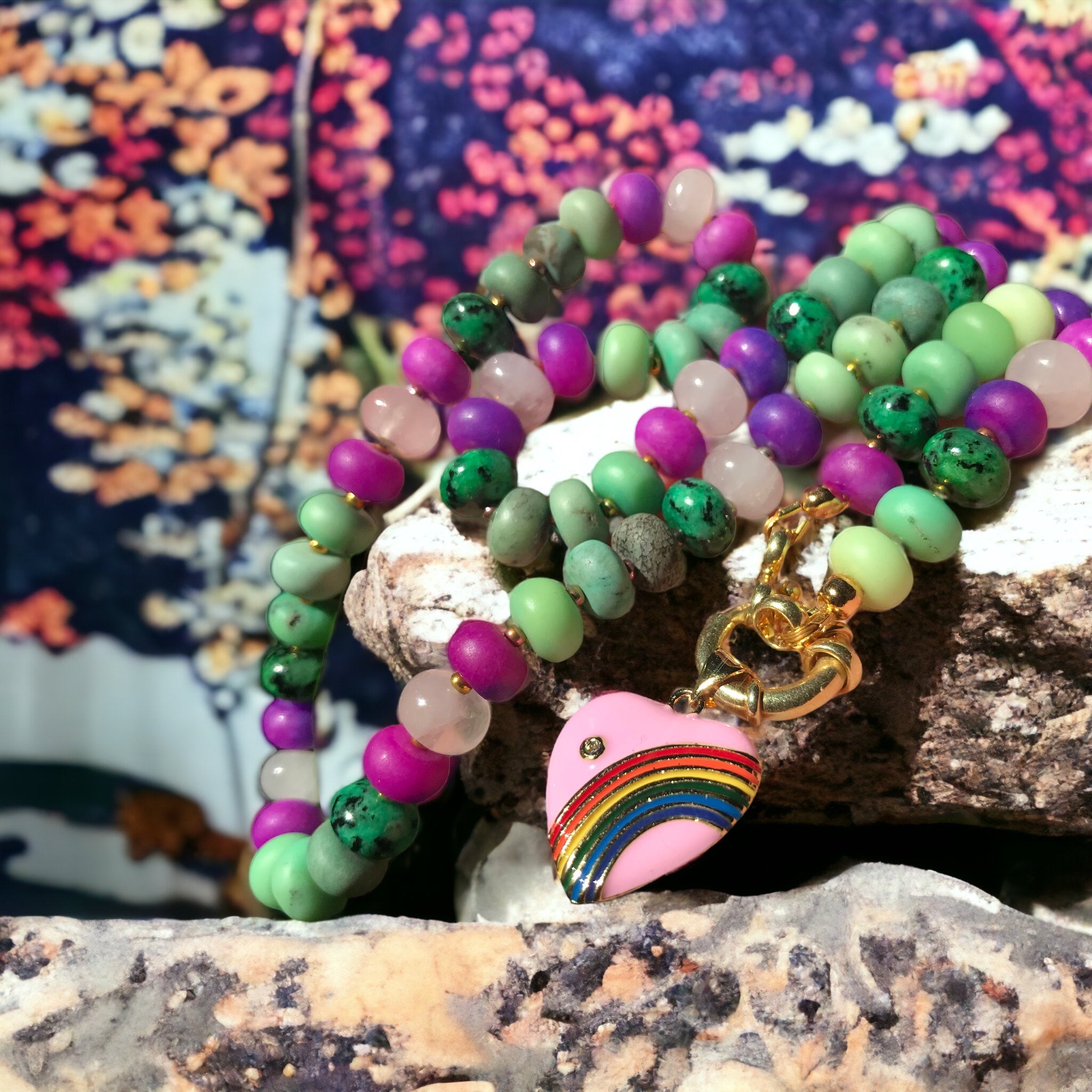 Collier "PURPLE GREEN" - Sugilite - Jaspe- Quartz rose - Agate - doré or fin