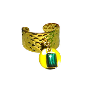 Bague "MARGAUX" dorée or fin en pierre de malachite et sequin émaillé