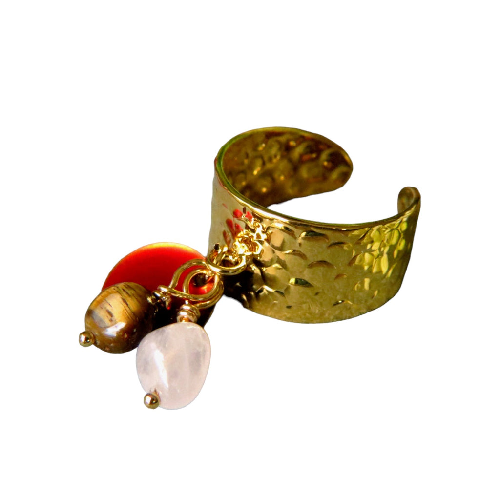 Bague "NOEMIE" dorée or fin en Œil de Tigre et Quartz Rose avec sequin émaillé