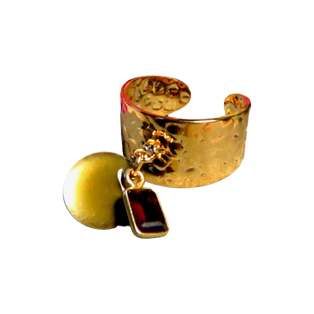 Bague "STELLA" dorée or fin en pierre de grenat et sequin émaillé