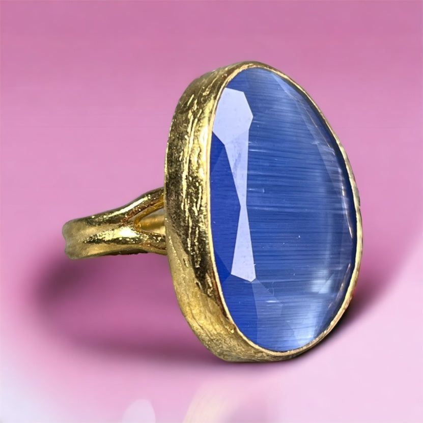Bague "GABRIELLE" pierre naturelle agate bleue dorée or fin