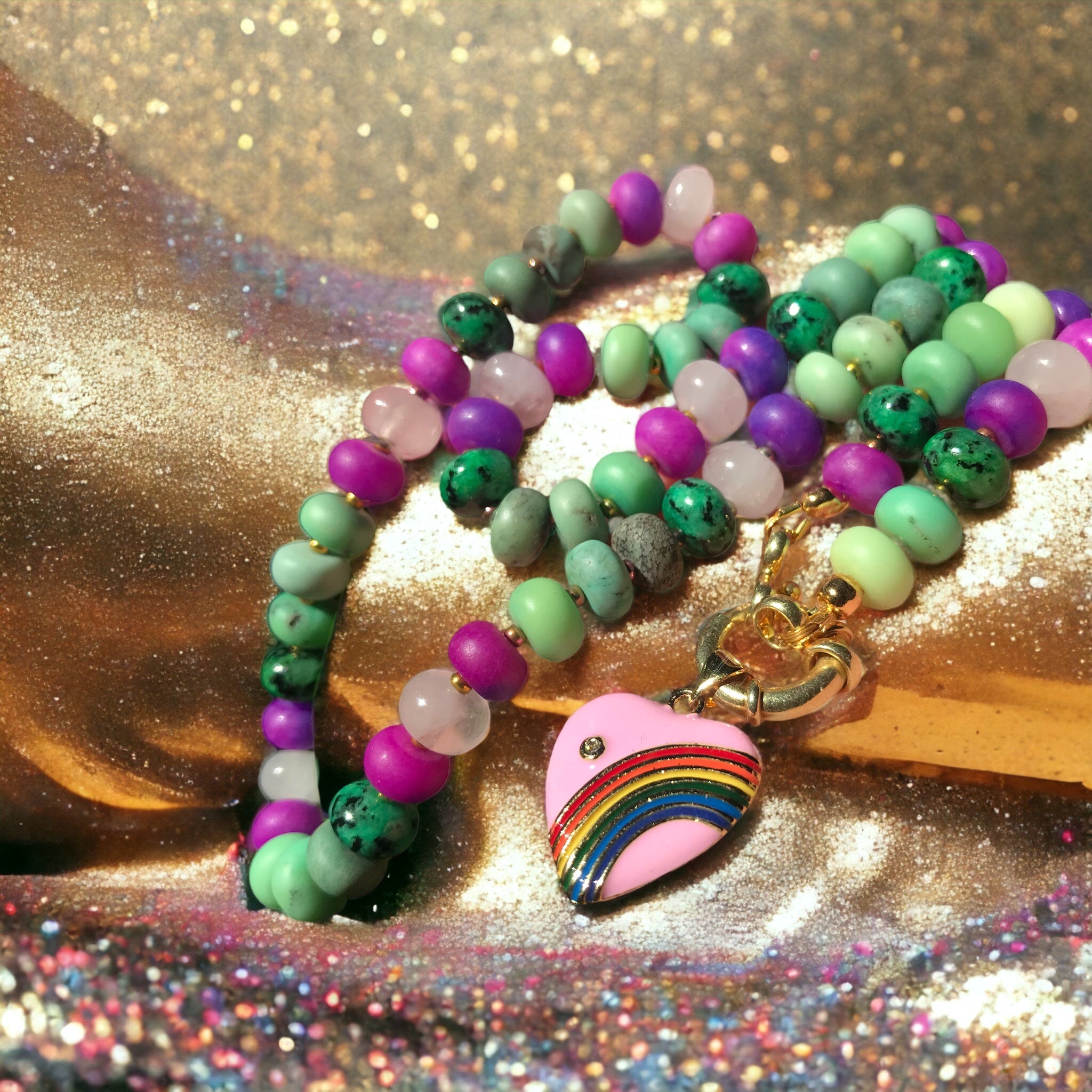 Collier "PURPLE GREEN" - Sugilite - Jaspe- Quartz rose - Agate - doré or fin