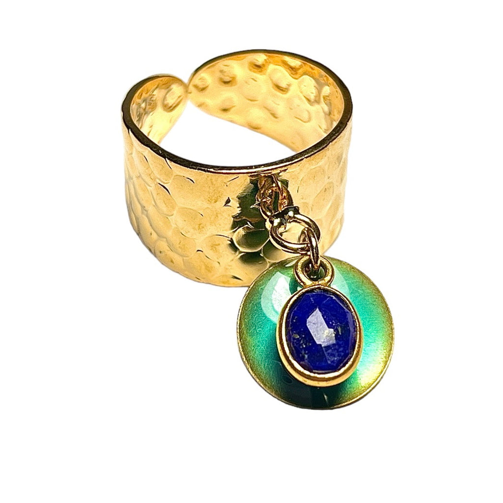 Bague "LEA" dorée or fin avec pierre de Lapis lazuli et sequin émaillé
