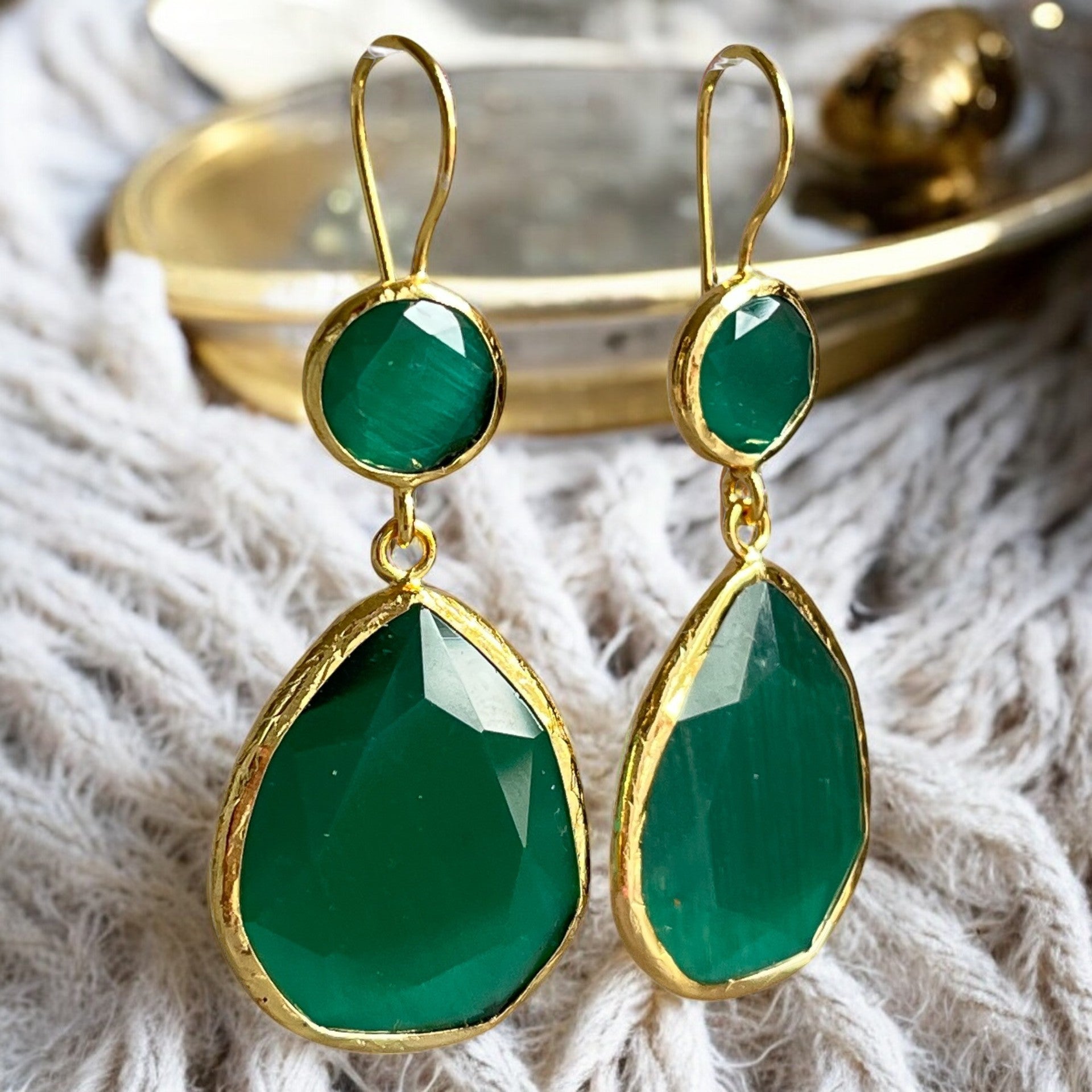 Boucles d'oreilles  "LIVIA" dorées or fin pierre d’ Agate verte