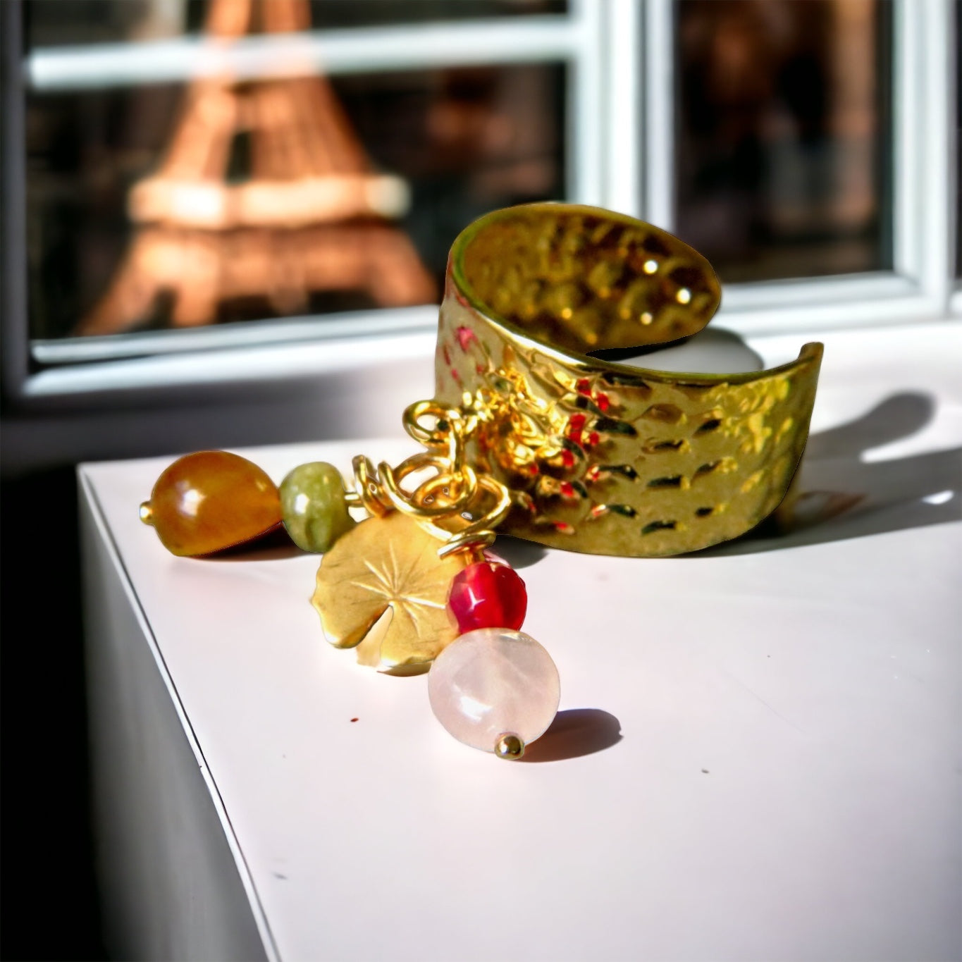 Bague "AMELIE" dorée or fin en pierre d' Oeil de Tigre Quartz Rose et Agates