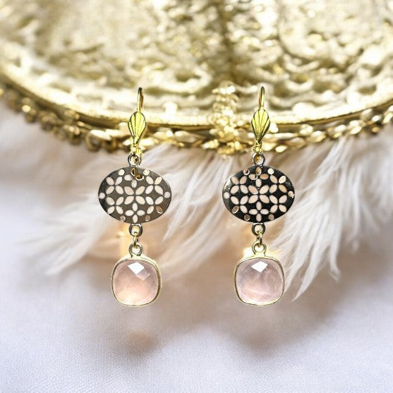 Boucles d’oreilles "PIPER" dorées or fin en Quartz rose