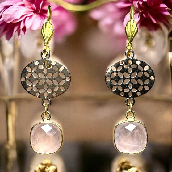 Boucles d’oreilles "PIPER" dorées or fin en Quartz rose