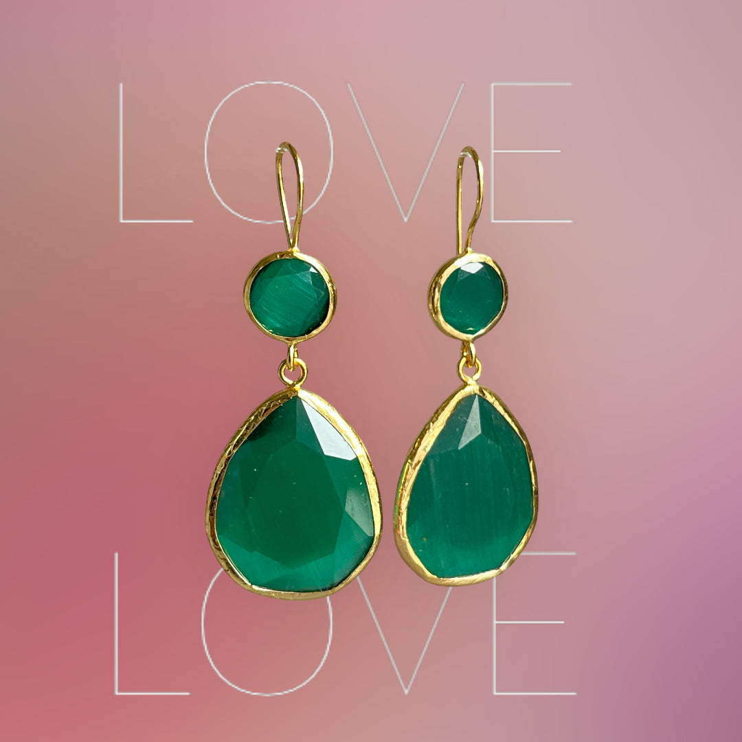 Boucles d'oreilles  "LIVIA" dorées or fin pierre d’ Agate verte