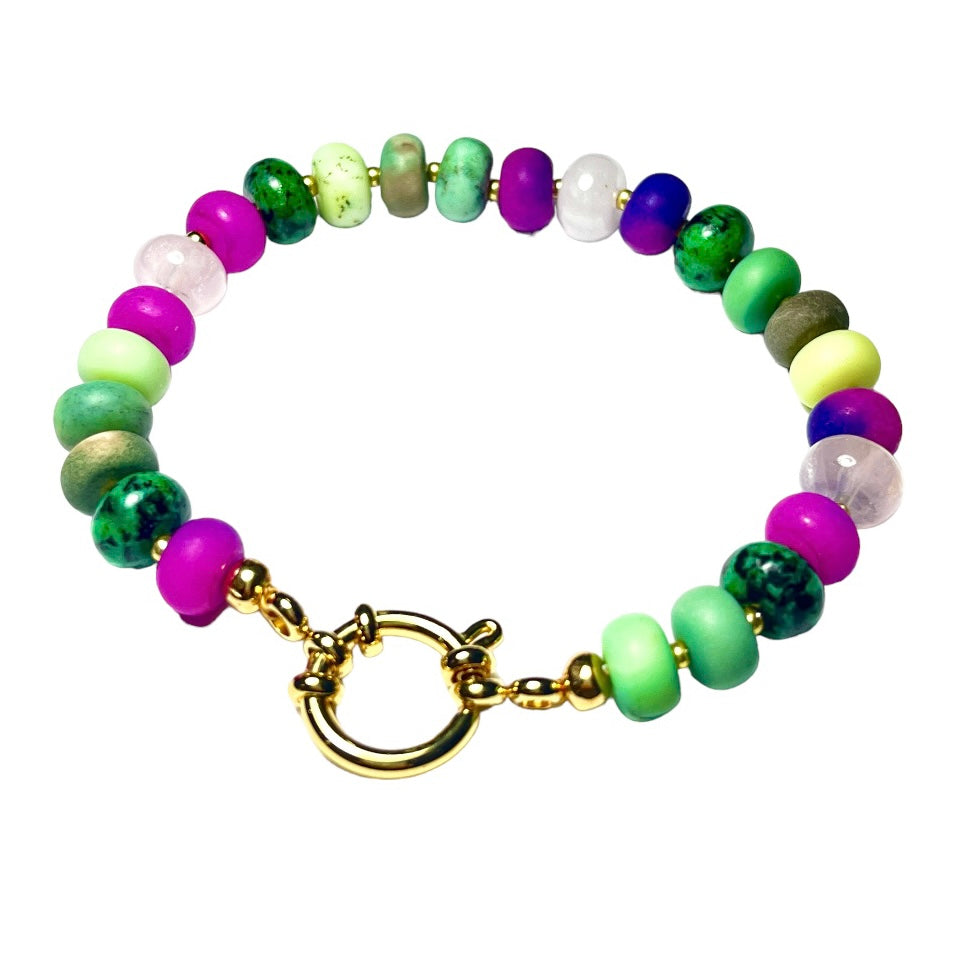 Bracelet "PURPLE GREEN" en pierres de Sugilite, Quartz rose, Jaspe, Agate naturelles doré or fin