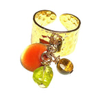 Bague "LINA" dorée or fin en Oeil de Tigre et Péridot avec sequin émaillé