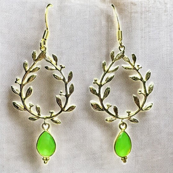Boucles d'oreilles "ALYSSA" dorées or fin pierre de Chrysoprase Calcédoine verte