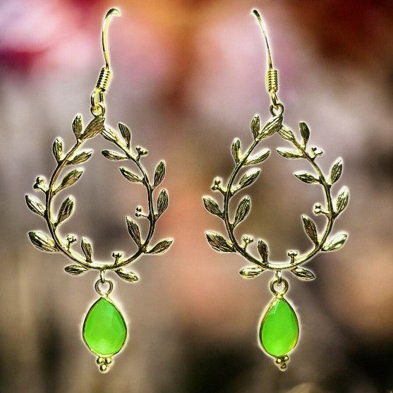 Boucles d'oreilles "ALYSSA" dorées or fin pierre de Chrysoprase Calcédoine verte