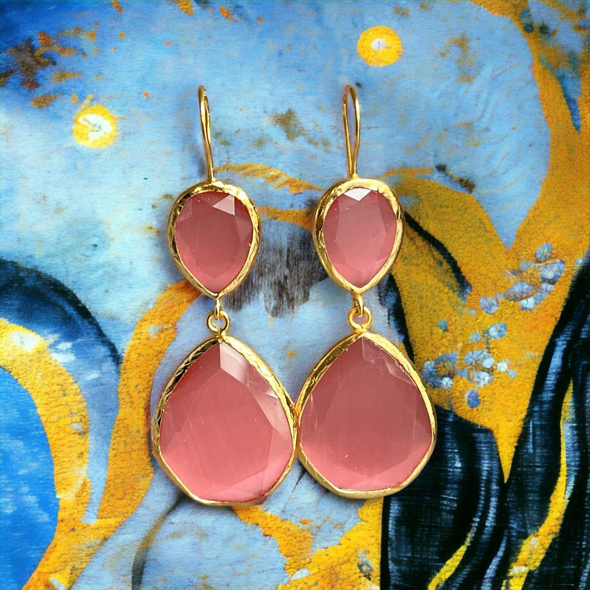 Boucles d'oreilles  "LIORA" dorées or fin pierre d’ Agate rose