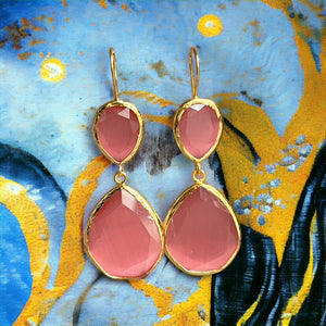 Boucles d'oreilles  "LIORA" dorées or fin pierre d’ Agate rose
