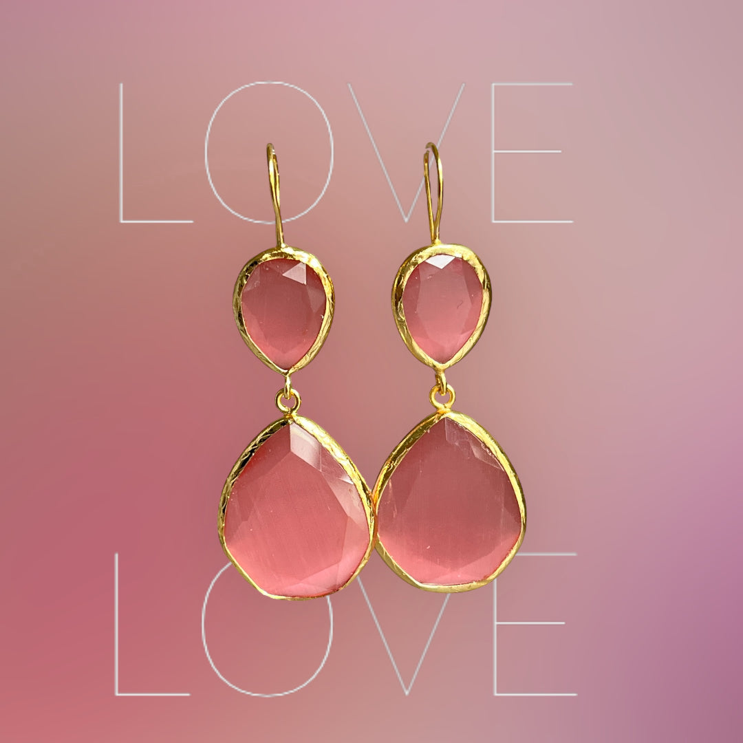 Boucles d'oreilles  "LIORA" dorées or fin pierre d’ Agate rose