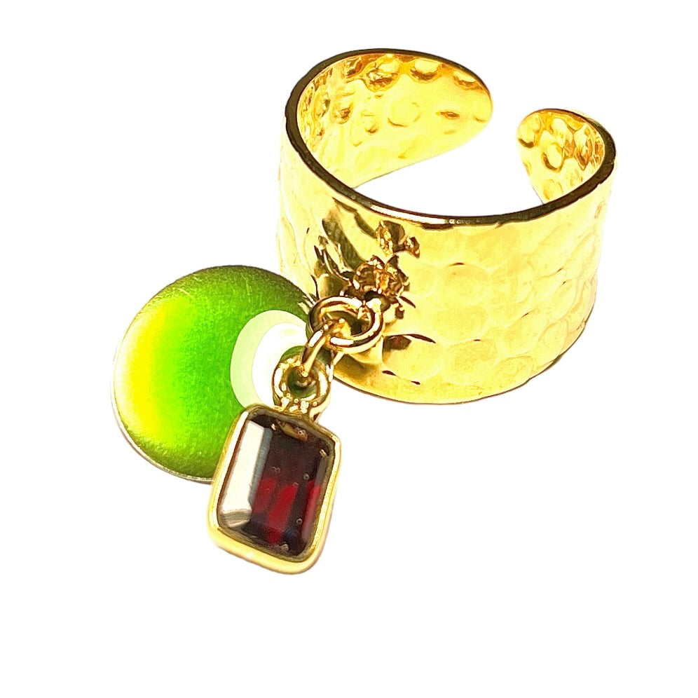Bague "MELISSA" dorée or fin en pierre de grenat et sequin émaillé