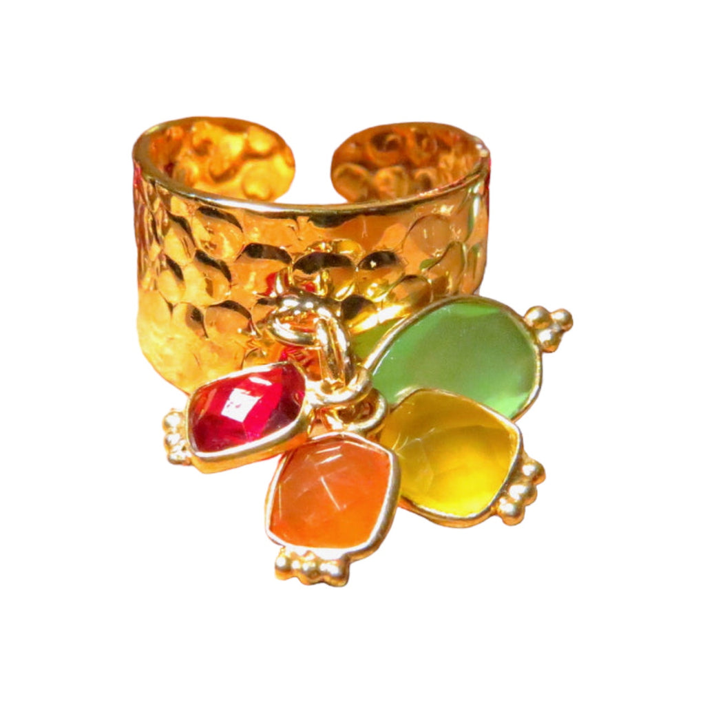 Bague "MARION" dorée or fin avec pierres de Grenat et Calcédoine verte jaune et orange