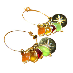Boucles d'oreilles "VIVIENNE" en pierres de Zirconiums Hématite Grenat Calcédoine verte jaune et orange