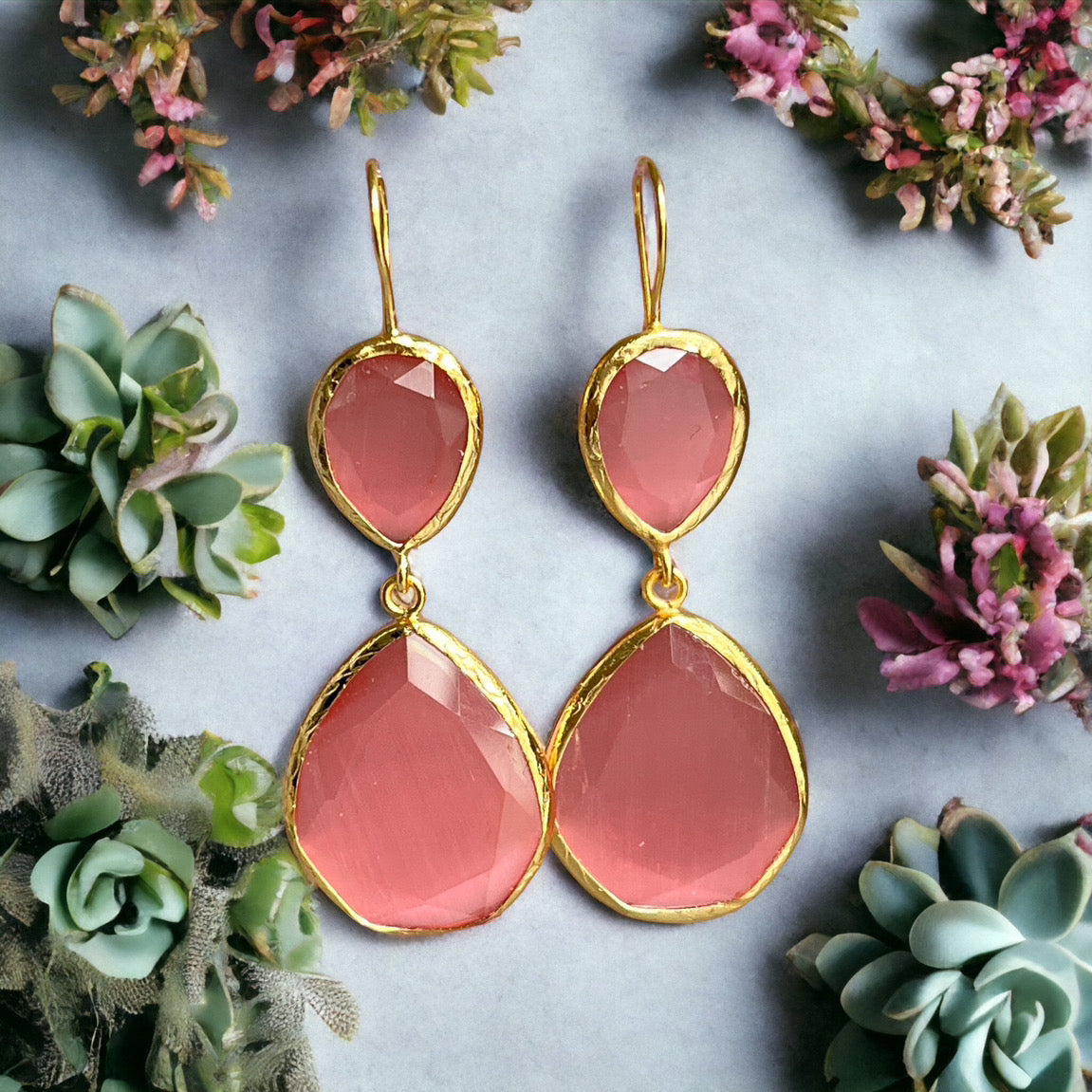 Boucles d'oreilles  "LIORA" dorées or fin pierre d’ Agate rose