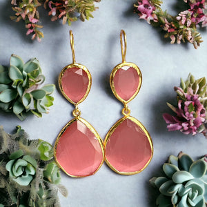 Boucles d'oreilles  "LIORA" dorées or fin pierre d’ Agate rose