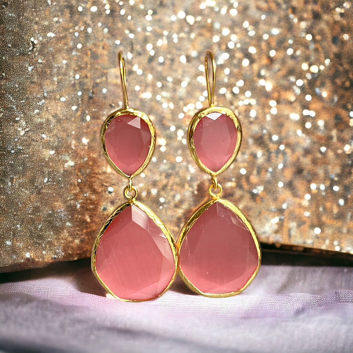Boucles d'oreilles  "LIORA" dorées or fin pierre d’ Agate rose
